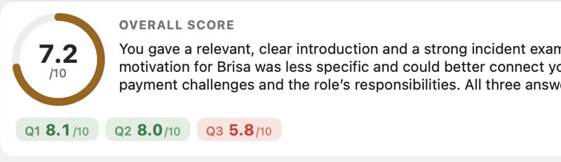 Practice report in Espertio, with a fictional profile: overall score 7.2 out of 10, and 8.1, 8.0 and 5.8 on the three questions.